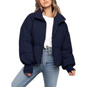 Women's Puffer Jacket Coats Short Warm Quilted Jackets with Pockets Navy Blue